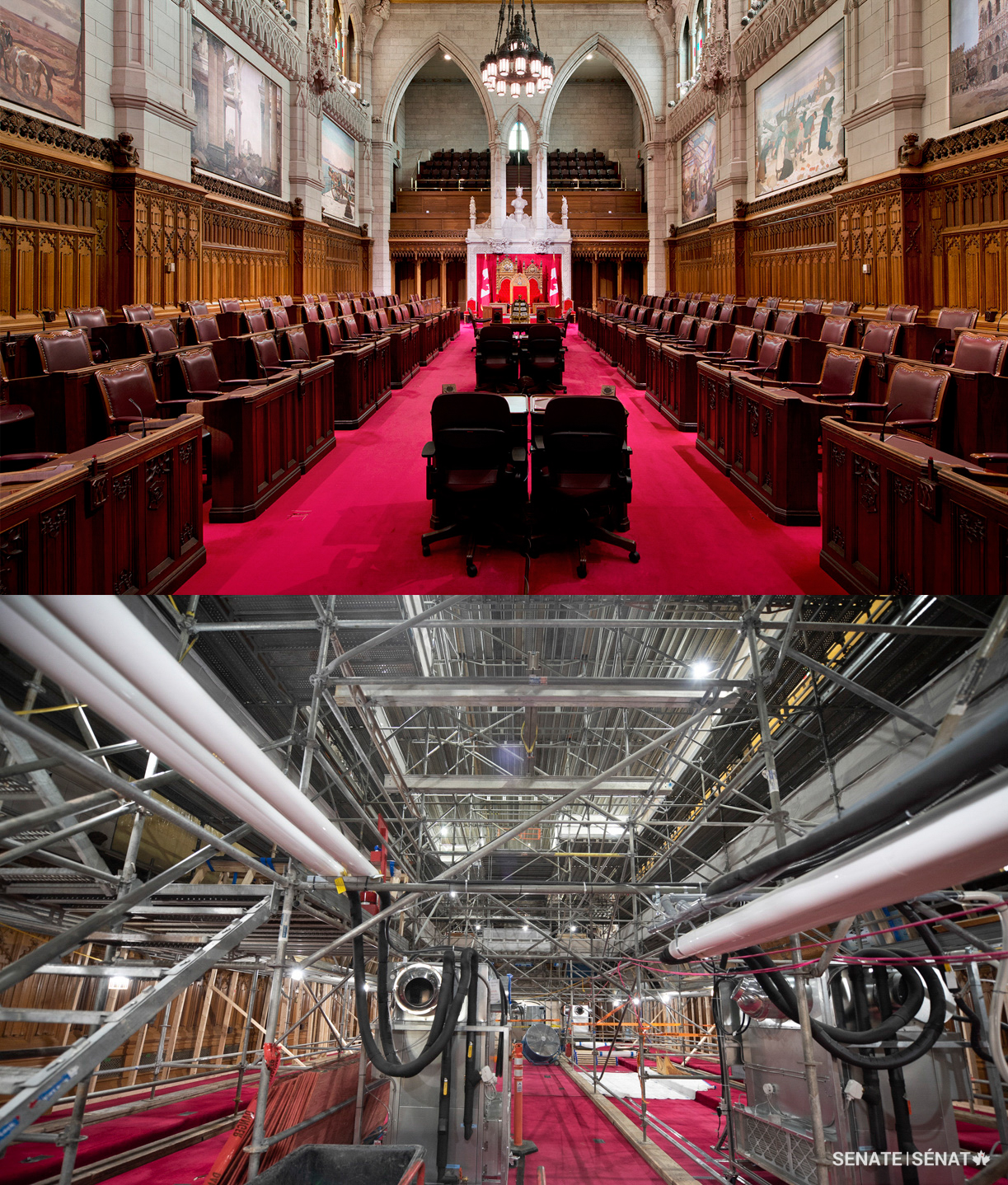 Save for the telltale red carpet, the Senate Chamber is nearly unrecognizable amidst floor-to-ceiling scaffolding! Senators’ desks were moved to the Upper Chamber’s temporary home and refurbished, the large war paintings have been safely stored, the decorative woodwork has been dismantled, and the Chamber’s two massive chandeliers were taken apart and stored.