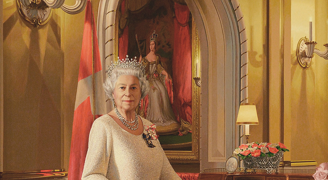 A portrait of Queen Elizabeth II in a white dress, with the Canadian flag and a painting of Queen Victoria in the background.