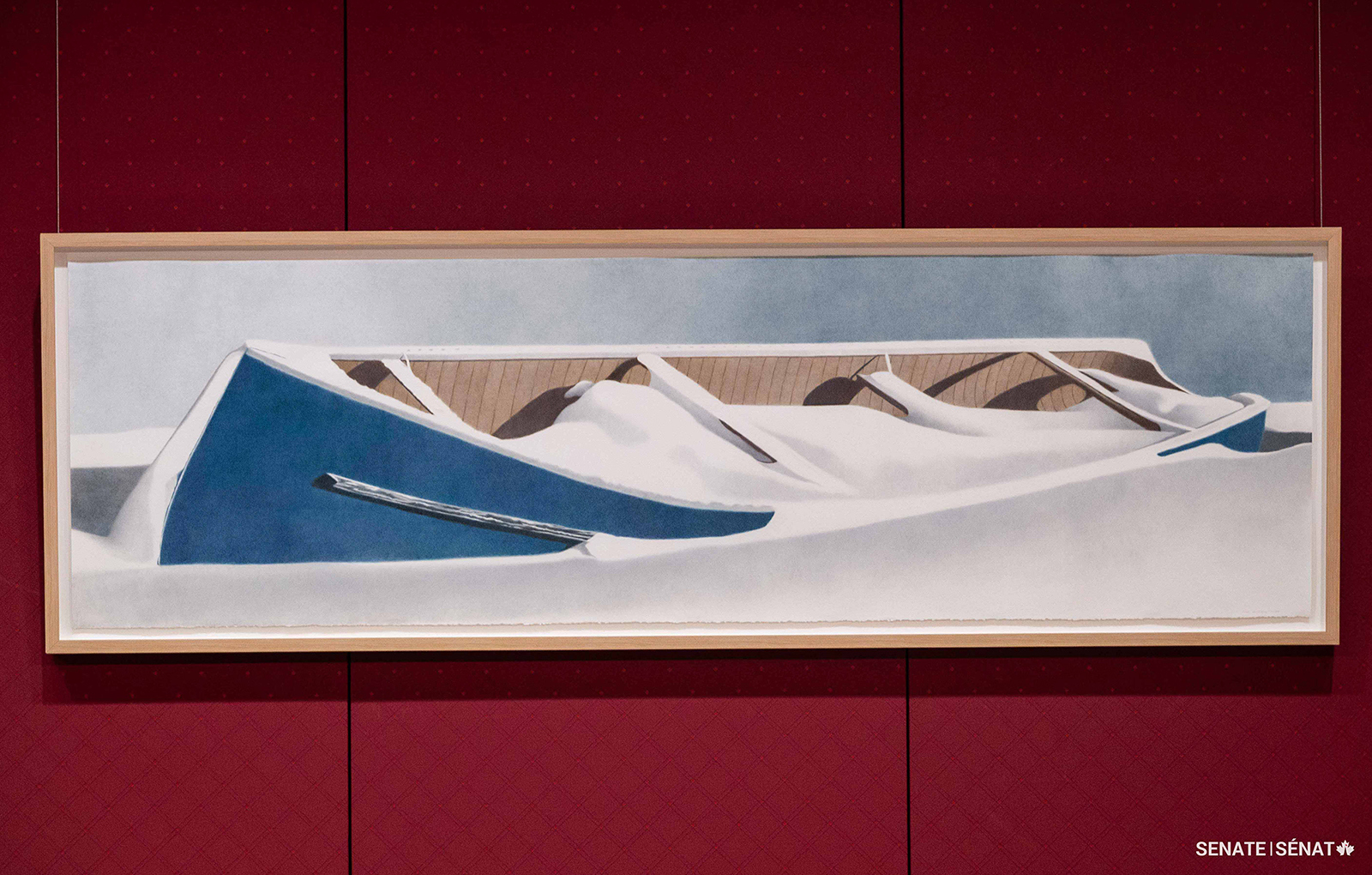 Dormance I (2022) by Lyne Bastien depicts a blue canoe disappearing under freshly fallen snow. The work is part of the Montréal-based artist’s Dormance / Dormancy series, in which she explores the stillness and beauty of winter in the Nunavik region of Quebec.