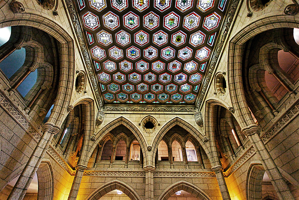 The stained-glass ceiling in Centre Block’s Senate foyer includes many royal symbols, including the fleur-de-lis, Tudor Crown and Tudor rose.
