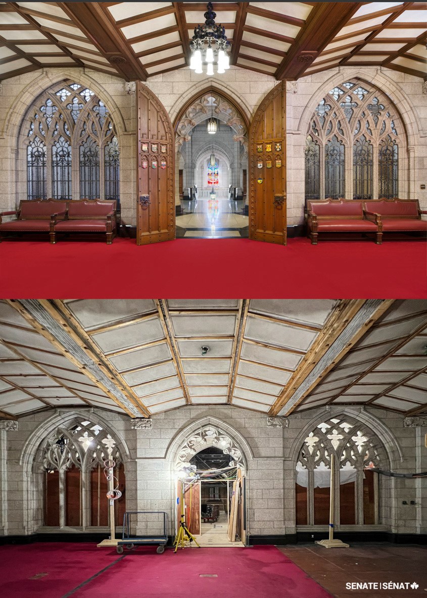 The Senate antechamber has been stripped of all its heritage treasures, including the hand-carved doors, furniture, lighting fixtures and glass windows. The antechamber doors were transferred to the Senate of Canada Building, the Upper Chamber’s temporary home, where they are on display in the outer antechamber.