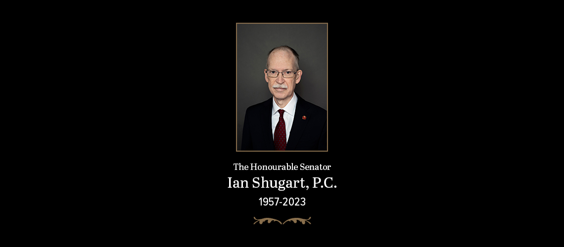 A headshot of the Honourable Senator Ian Shugart, P.C. on a black background with the year of his birth and death — 1957 to 2023.