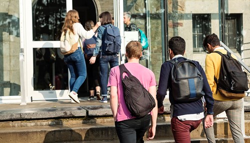 Trois étudiants portant un sac à dos montent un escalier menant à la porte d’un immeuble que deux étudiantes sont en train de franchir.