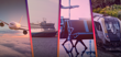 A collage of a plane in the sky, a ferry at sea, an airport terminal and a passenger train on railway tracks