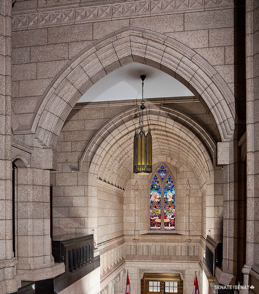 The carving will eventually cap the main arch above Centre Block’s Senate foyer, near <a href='https://sencanada.ca/en/sencaplus/how-why/in-pictures-a-window-on-the-past-is-preserved-for-the-future/' target='_blank' >the Diamond Jubilee Window </a> created in 2010.