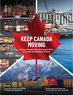 
A collage of three images illustrating Canada’s transportation supply chain, including stacked shipping containers, port cranes at a grain terminal by the water and a freight train travelling through a mountainous landscape. At the centre, a large red maple leaf overlays the images, with the words “Keep Canada Moving : Labour, Management and Supply Chain in the Rail and Maritime Sectors.”
 
At the bottom, the text reads:
June 2026
Report of the Standing Senate Committee on Transport and Communications
The Honourable David M. Wells, Chair
The Honourable Donna Dasko, Deputy Chair
