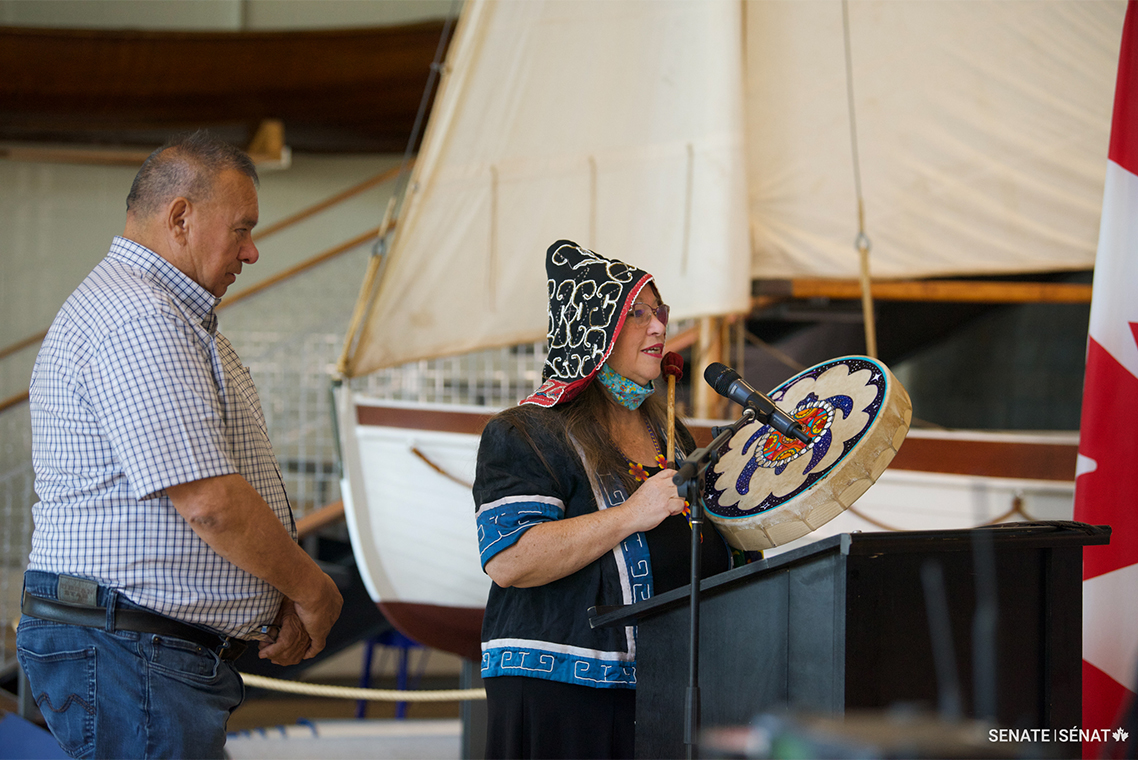 Grand Chief Norman Sylliboy (Mi’kmaq w Grand Council) and Elder Catherine Martin offered opening remarks, a traditional prayer and a song before the Senate Committee on Fisheries and Oceans’ press conference at the Maritime Museum of the Atlantic in Halifax.