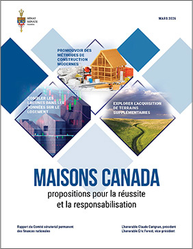 Page couverture d’un rapport du Sénat du Canada présentant des images en losange illustrant la construction de logements, l’analyse de données et l’aménagement du territoire.