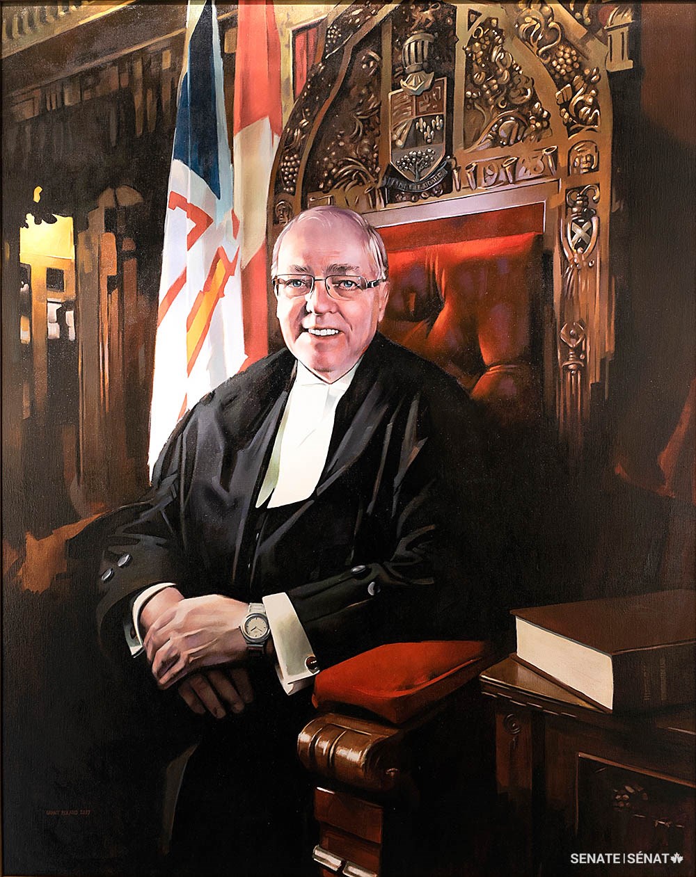 Artist Grant Boland included several references to Senator George J. Furey’s Newfoundland and Labrador roots in the Speaker’s portrait, including a book of the province’s history in the foreground and its flag in the background. (Grant Boland, 2018. Oil on canvas, H: 152 cm x W: 122cm, Senate Artwork and Heritage Collection)