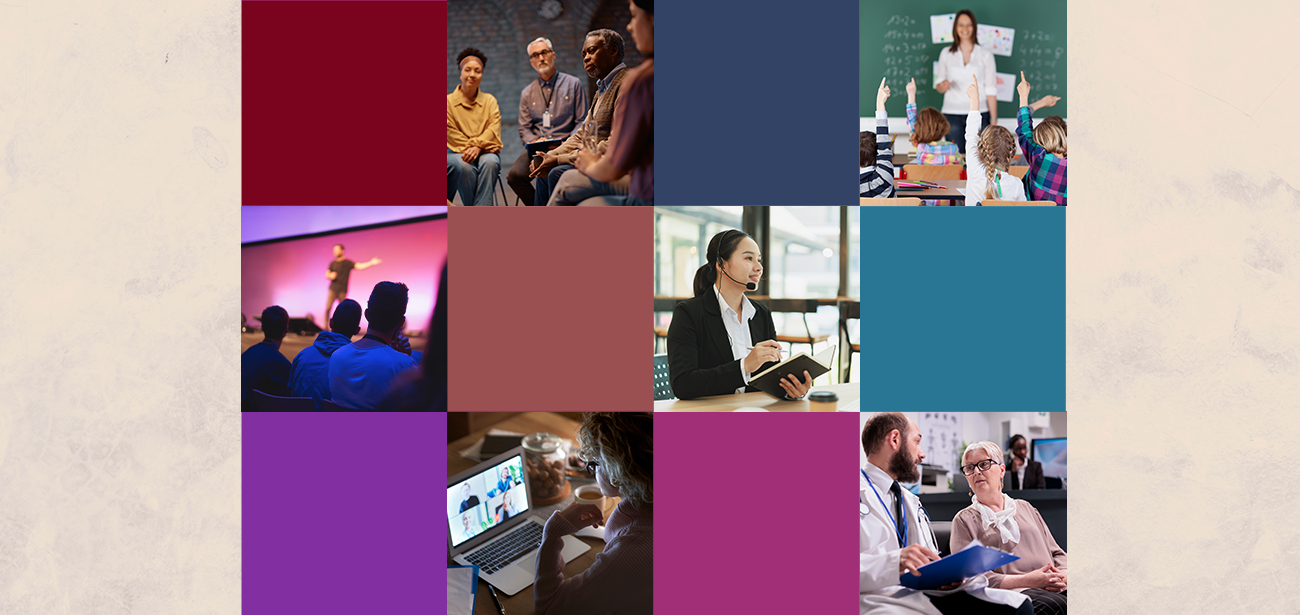 A collage of solid-coloured squares and square images of people in different work environments.