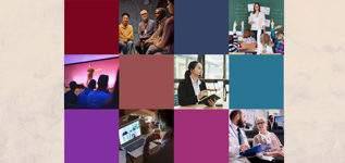 A collage of solid-coloured squares and square images of people in different work environments.