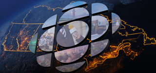 The CBC/Radio‑Canada logo composed of segmented shapes filled with images of a reporter holding a microphone, Canada’s Northern lights, a communications tower, a school bus, and community scenes, set against a dark blue background with a glowing map of Canada below