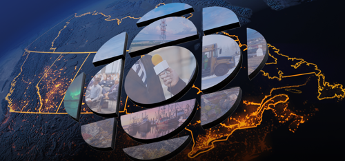 The CBC/Radio‑Canada logo composed of segmented shapes filled with images of a reporter holding a microphone, Canada’s Northern lights, a communications tower, a school bus, and community scenes, set against a dark blue background with a glowing map of Canada below