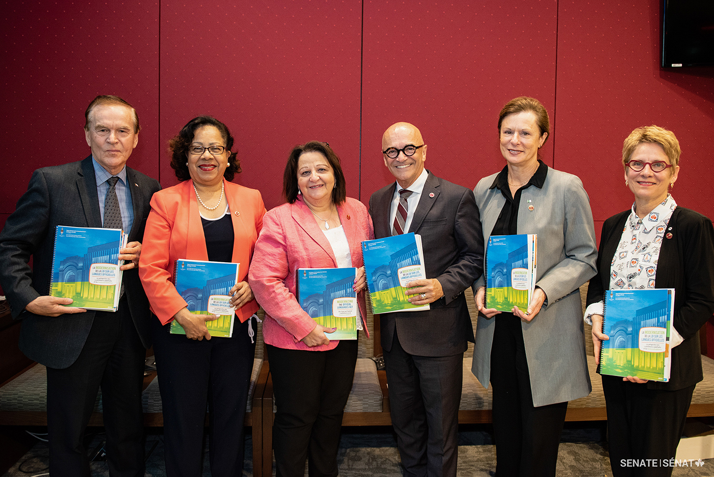 The members of the Senate Committee on Official Languages presented their report on modernizing official languages in Canada in June 2019. From left to right: former senator Percy Mockler, and senators Mégie, Rose-May Poirier, René Cormier, Lucie Moncion and Raymonde Gagné.