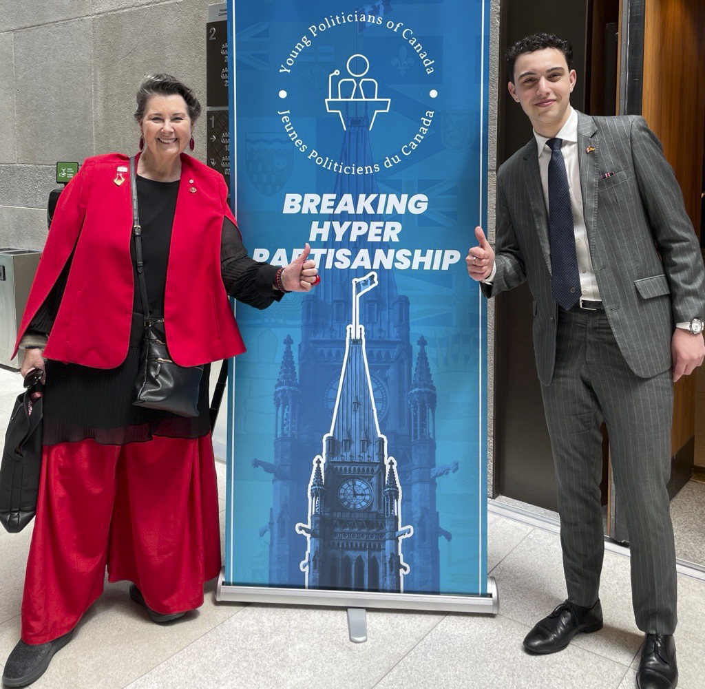 Friday, May 30, 2025 – Senator Marilou McPhedran with Jaden Braves, founder and CEO of the Young Politicians of Canada; Young Politicians Summit coordinated by SENgage; Parliament Hill, Ottawa, Ontario.