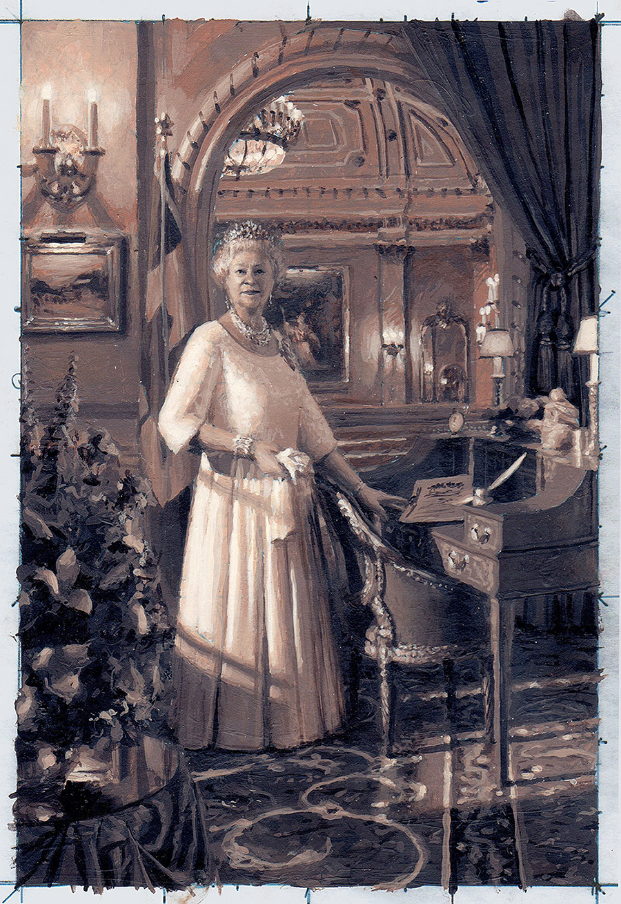 One in a series of monochrome studies, called grisaille maquettes, in which the artist explored the play of light and shadow in the foreground and different views of Rideau Hall’s ballroom in the background. (Acrylic on paper on board, H: 23 cm x W: 15 cm. 2011. Courtesy of Phil Richards)