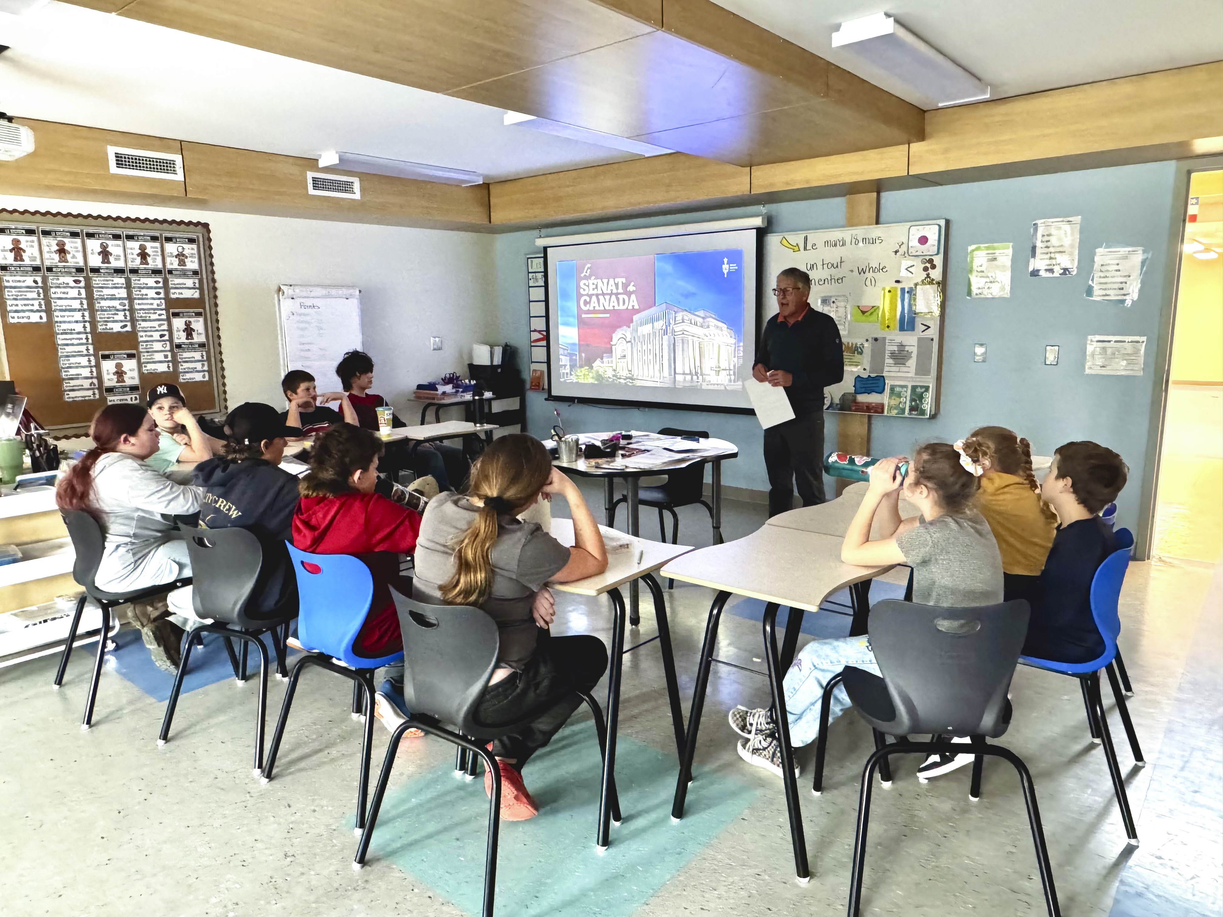 Tuesday, March 18, 2025 – Senator Réjean Aucoin; meeting with students; École Belle Baie, Torbé, Nova Scotia.