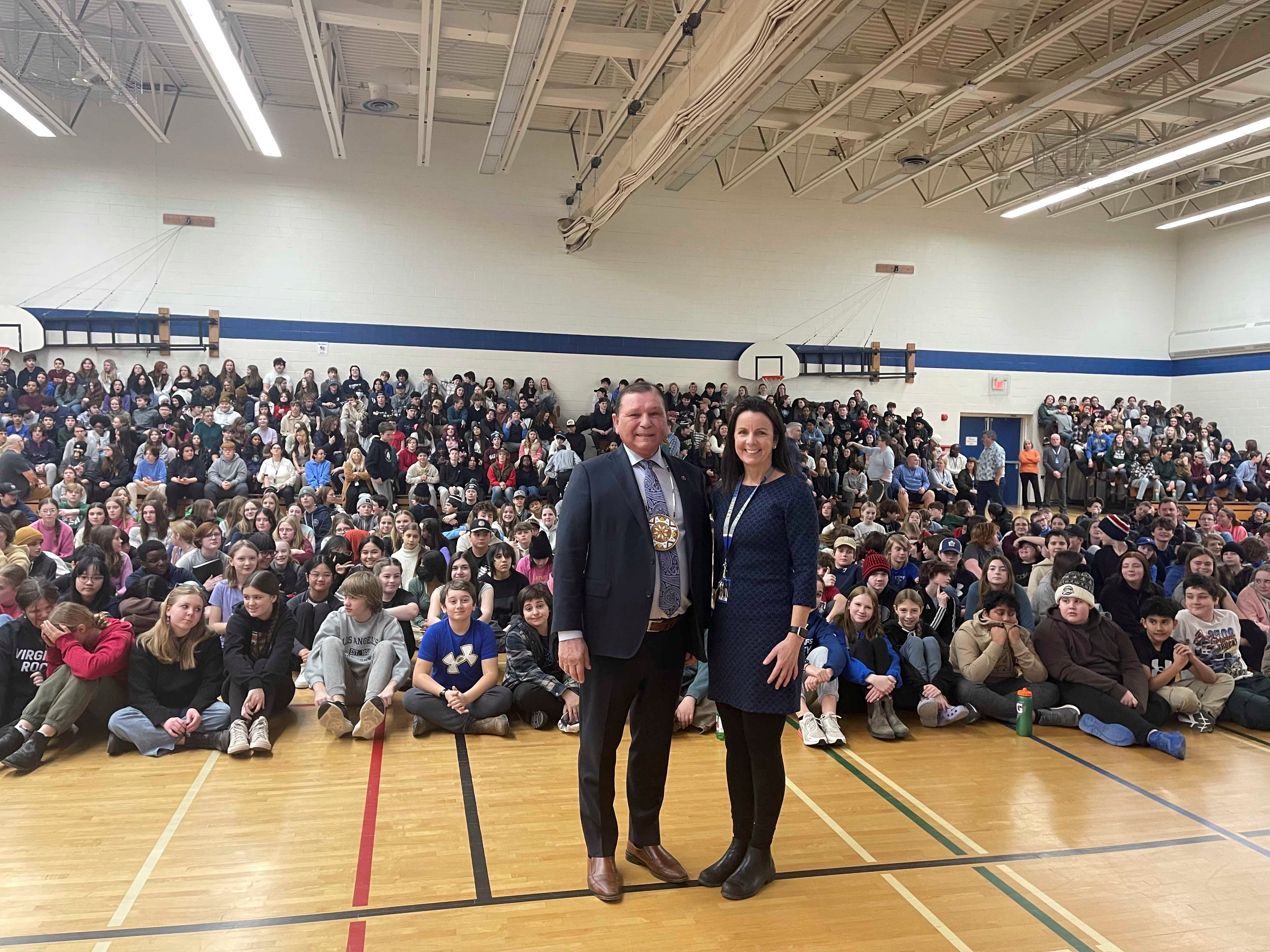 Tuesday, January 23, 2024 – Senator Brian Francis, left; meeting with students to discuss the true history of Canada and its relationship with Epekwitkewaq Mi’kmaq and other Indigenous peoples; Stonepark Intermediate School, Charlottetown, Prince Edward Island.