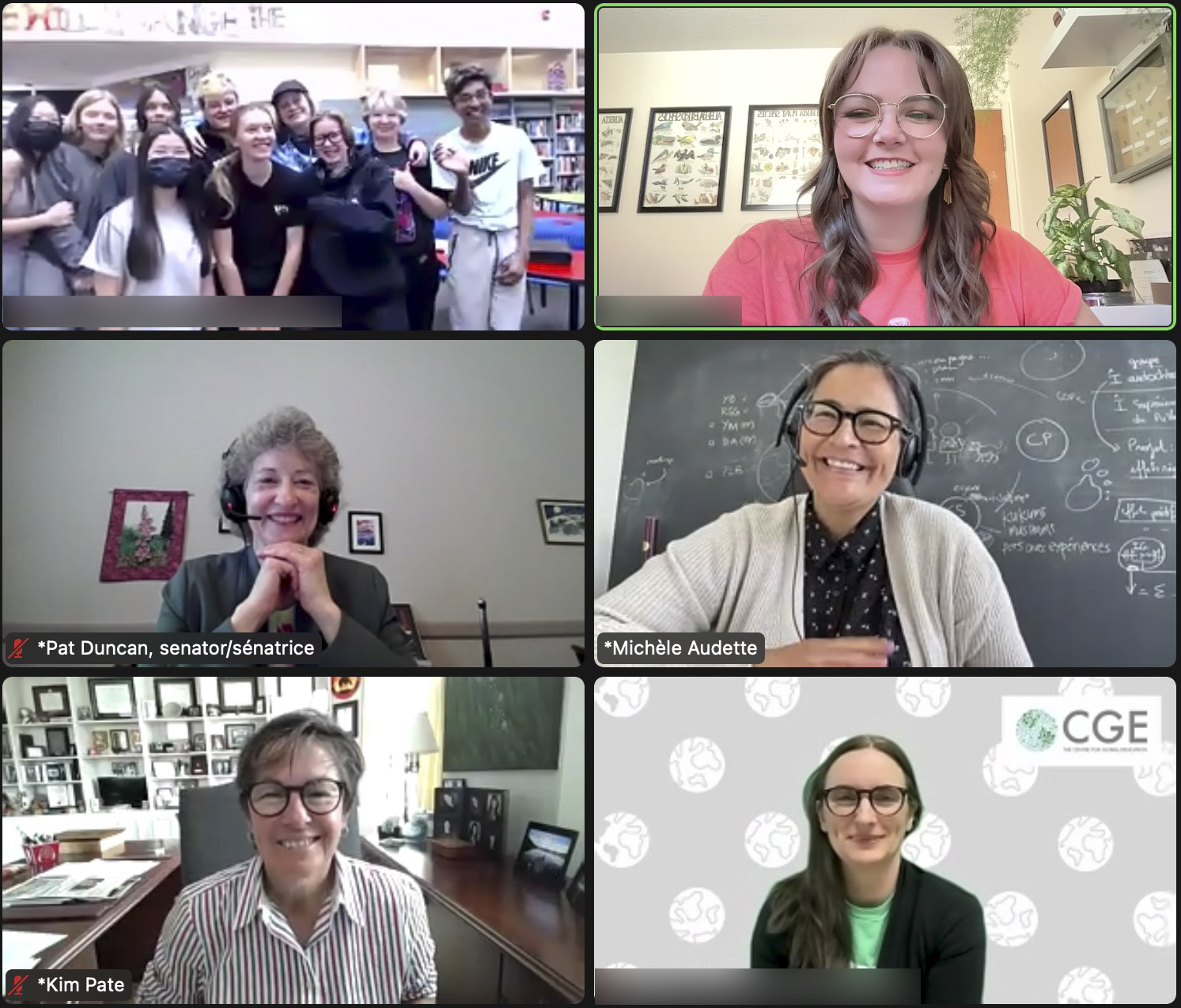 Friday, June 2, 2023 – Senators Pat Duncan, middle left, Michèle Audette, middle right, and Kim Pate, bottom left, participate in a virtual Roundtable on Reconciliation hosted by the Centre for Global Education. They were joined by students from schools across Canada who asked questions on topics including Indigenous sovereignty, education and health care. The senators discussed how to advance reconciliation in Canada and encouraged the students to step outside their comfort zone.