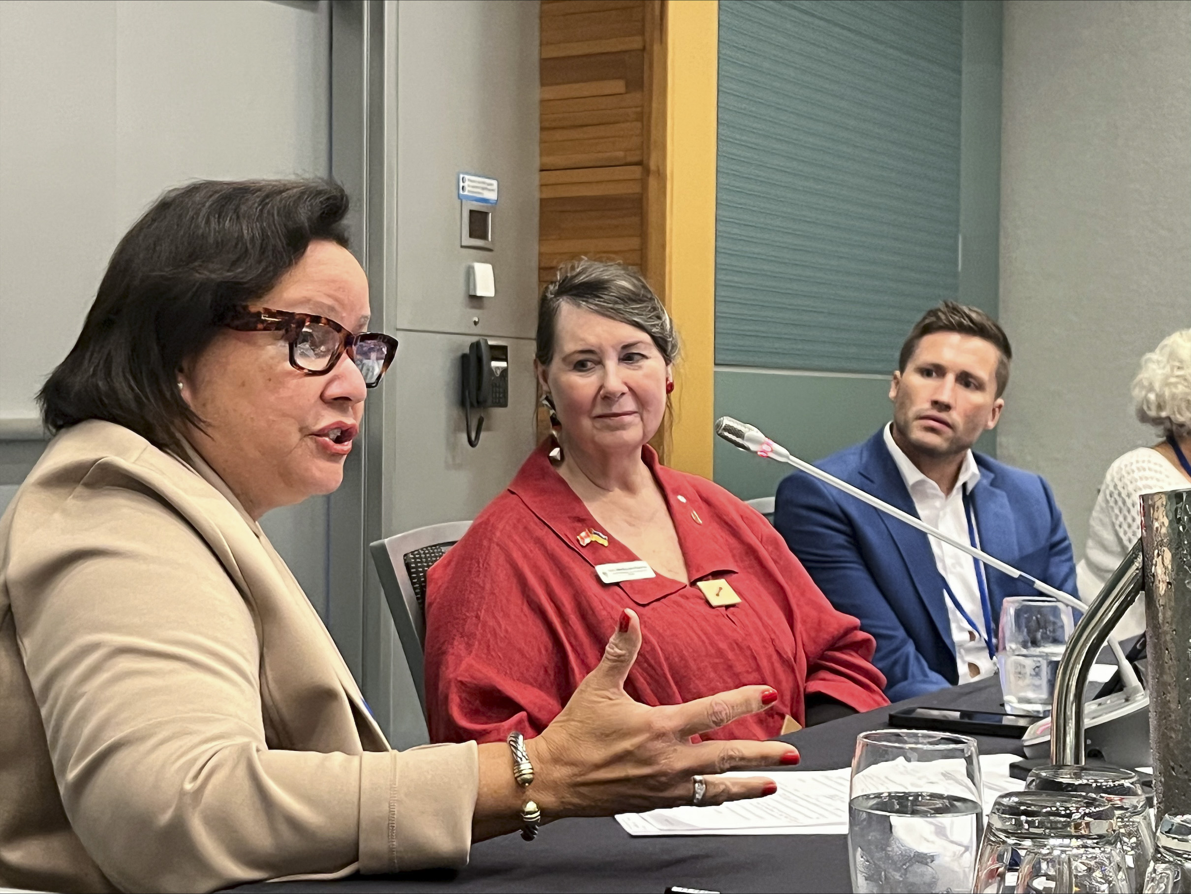 Friday, June 30, 2023 – Senators Rosemary Moodie, left, and Marilou McPhedran, centre; 30th Annual Session of the OSCE Parliamentary Assembly; Vancouver Convention Centre, Vancouver, British Columbia