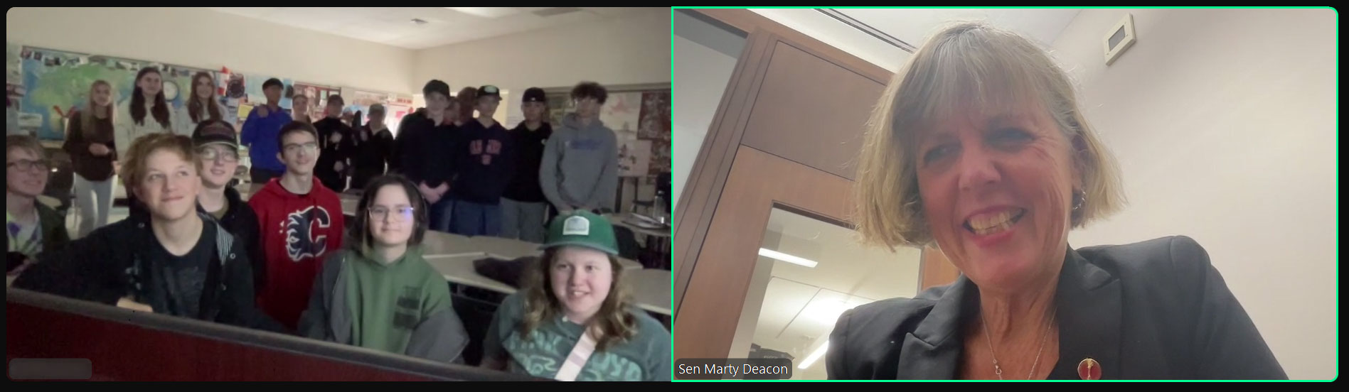 Le mercredi 11 décembre 2024 – La sénatrice Marty Deacon; activité virtuelle, organisée par S’ENgage, avec des élèves de l’école secondaire Bert Church, Airdrie, Alberta.