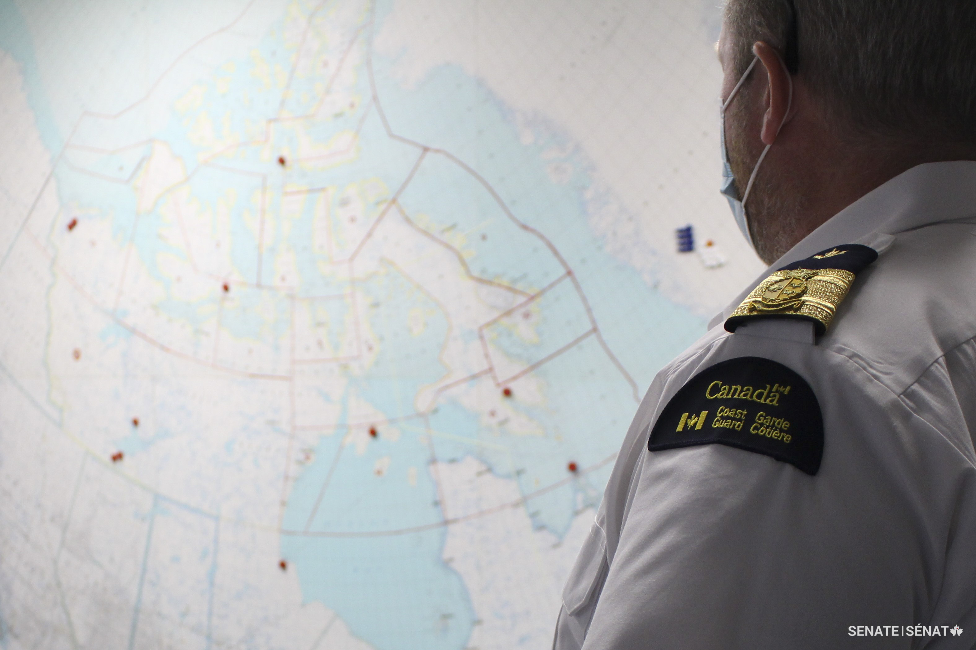 A map at a Canadian Coast Guard facility in Iqaluit, Nunavut shows the vast scope of the Arctic.