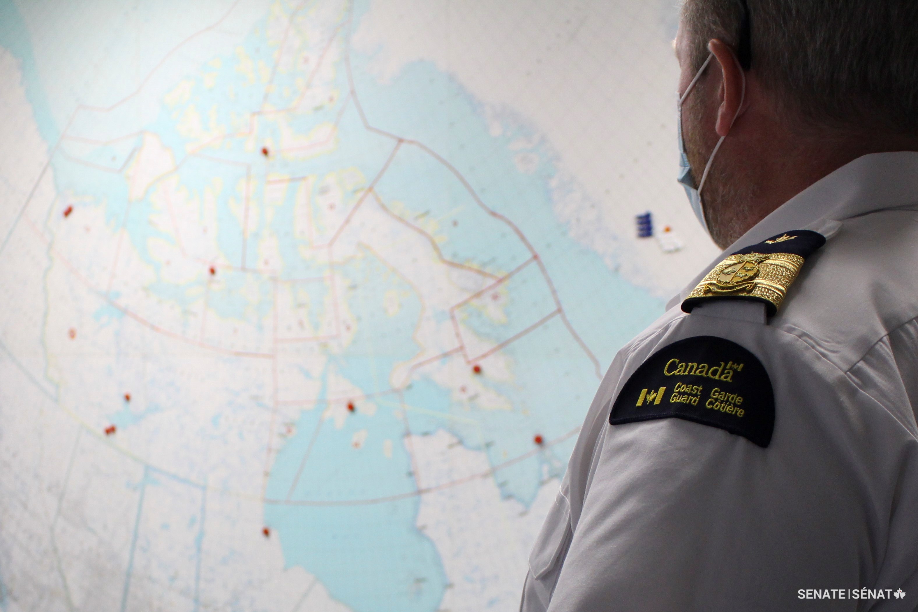 A map at a Canadian Coast Guard facility in Iqaluit, Nunavut shows the vast scope of the Arctic.