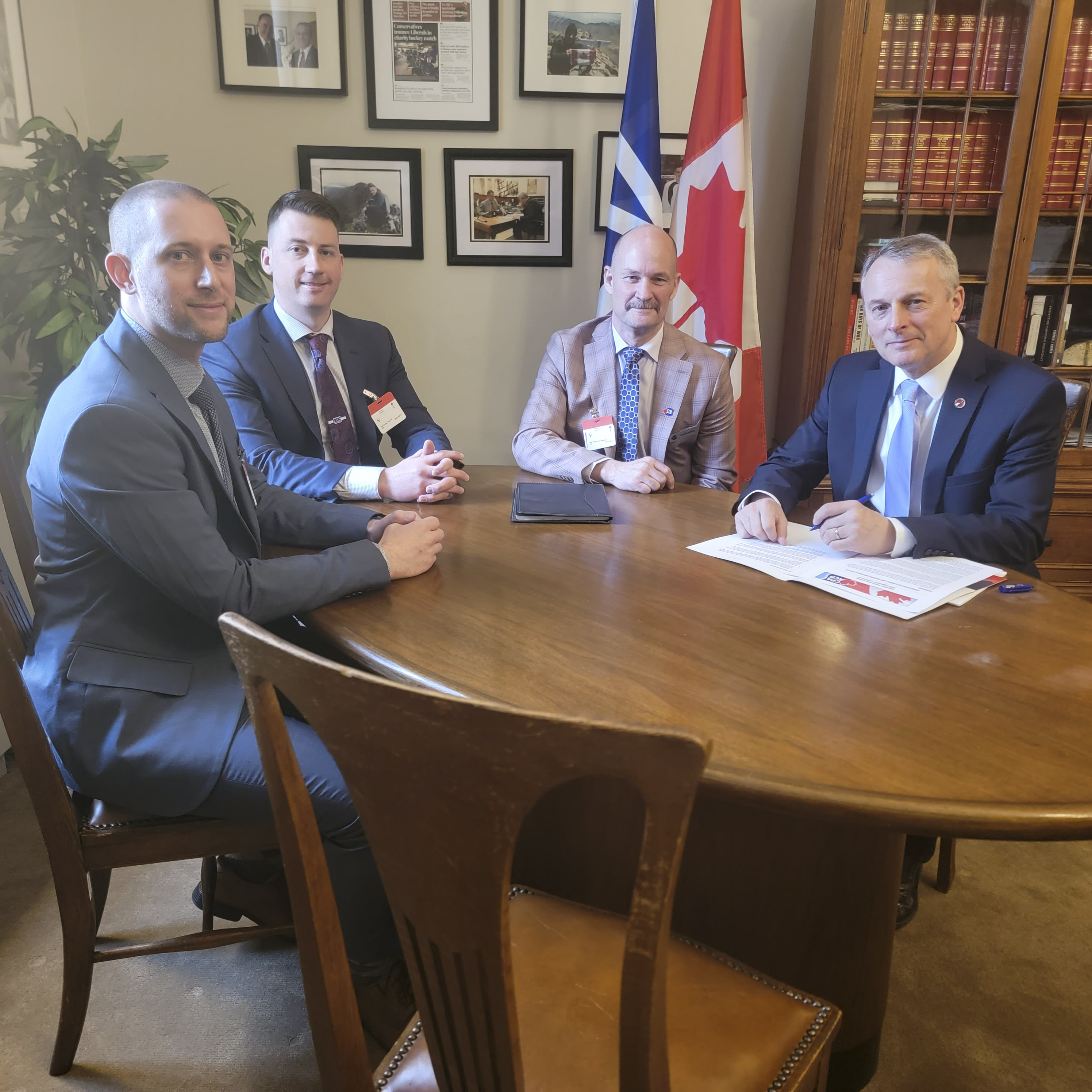 Monday, April 17, 2023 – Senator David M. Wells, right, meets with Mike Summers, Justin Dawe and Michael Hunt of the Royal Newfoundland Constabulary (RNC). In the senator’s office on Parliament Hill, they discussed the importance of protecting Newfoundland and Labrador communities and ensuring adequate funding for the provincial police service. Senator Wells is a long-time supporter of the work of the RNC.