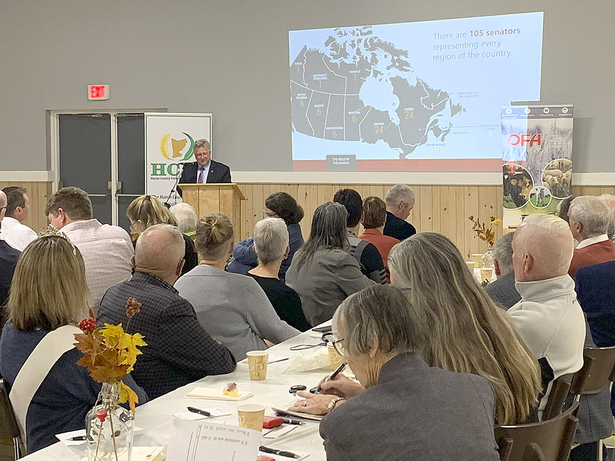 Thursday, October 27, 2022 – Senator Rob Black joins members of the Huron County Federation of Agriculture at their annual general meeting in Holmesville, Ontario. He spoke about the role of the Senate, his road to becoming a senator and the importance of rural communities.