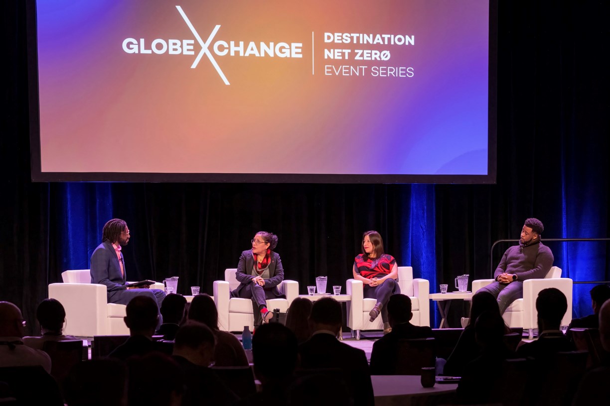 Senator Rosa Galvez, second left, participates in a panel discussion, “Bridging the Gap: How to Have Meaningful Intergenerational Conversations,” for the GLOBExCHANGE Destination Net Zero event series in Toronto, Ontario. The panelists included, from left, Leading Change Canada Executive Director Biboye Aganaba; Senator Galvez; Yukon University’s Research Chair in Indigenous Knowledge Jocelyn Joe-Strack; and Canadian Council for Youth Prosperity Executive Director Christopher Duff.
