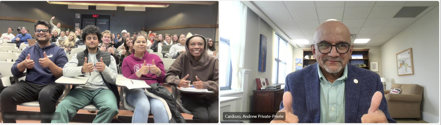 Friday, October 31, 2025 – Senator Andrew Cardozo; virtual event, organized by SENgage, with students from Brock University, St. Catherine’s, Ontario.