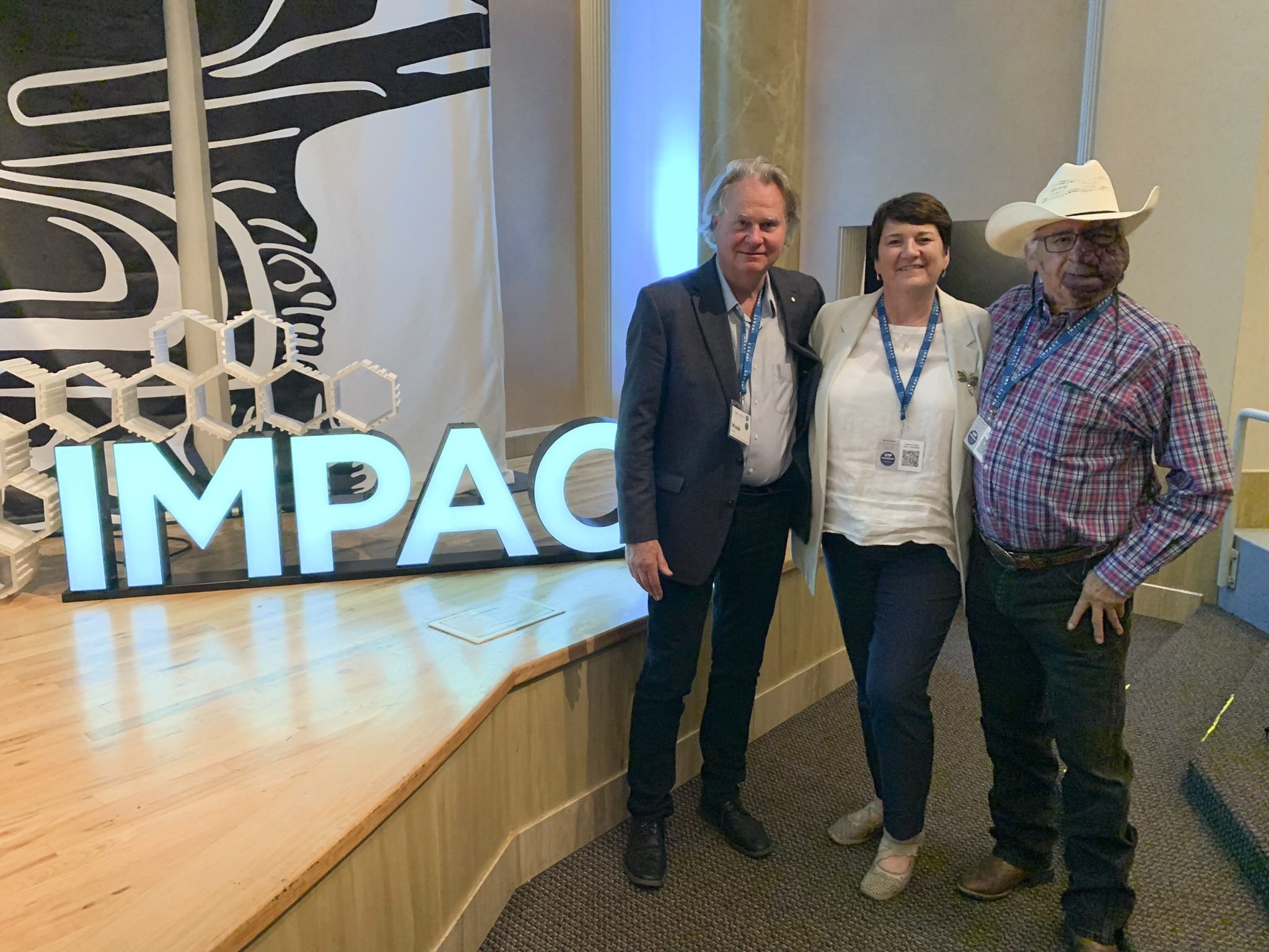 Monday, May 9, 2022 – Senator Karen Sorensen attends the IMPACT Sustainability Travel and Tourism Conference in Victoria, British Columbia, along with National Geographic Explorer-in-Residence Wade Davis (left) and Blood Tribe Elder Mike Bruised Head (Ninna Piiksii). The senator was pleased to participate in discussions about positive and sustainable growth of tourism in Canada.