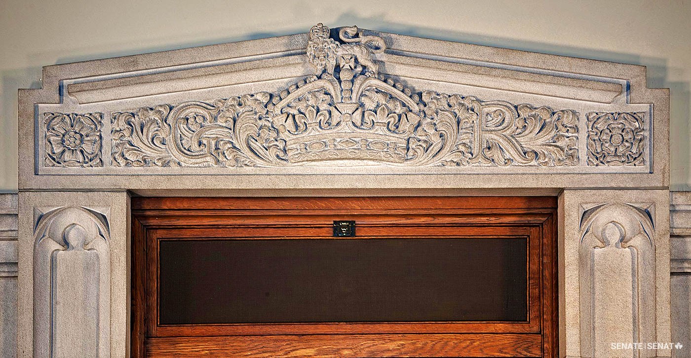 The royal cypher of King George V is carved in the lintel above a doorway in the Senate Speaker’s suite in Centre Block.