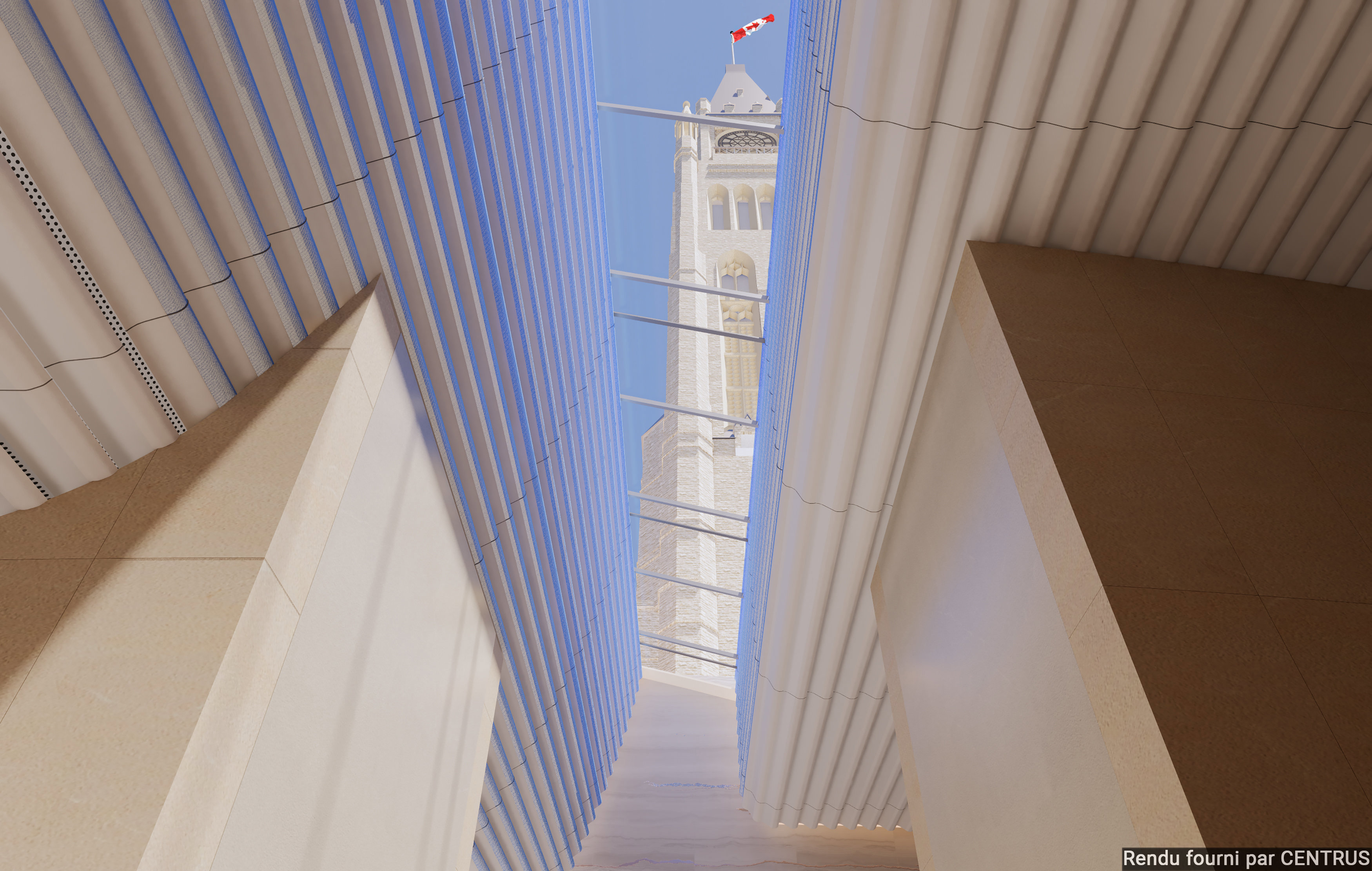 Un rendu informatique d’une vue de la Tour de la Paix, vue à travers un puits de lumière depuis le sous-sol du Centre d’accueil du Parlement.