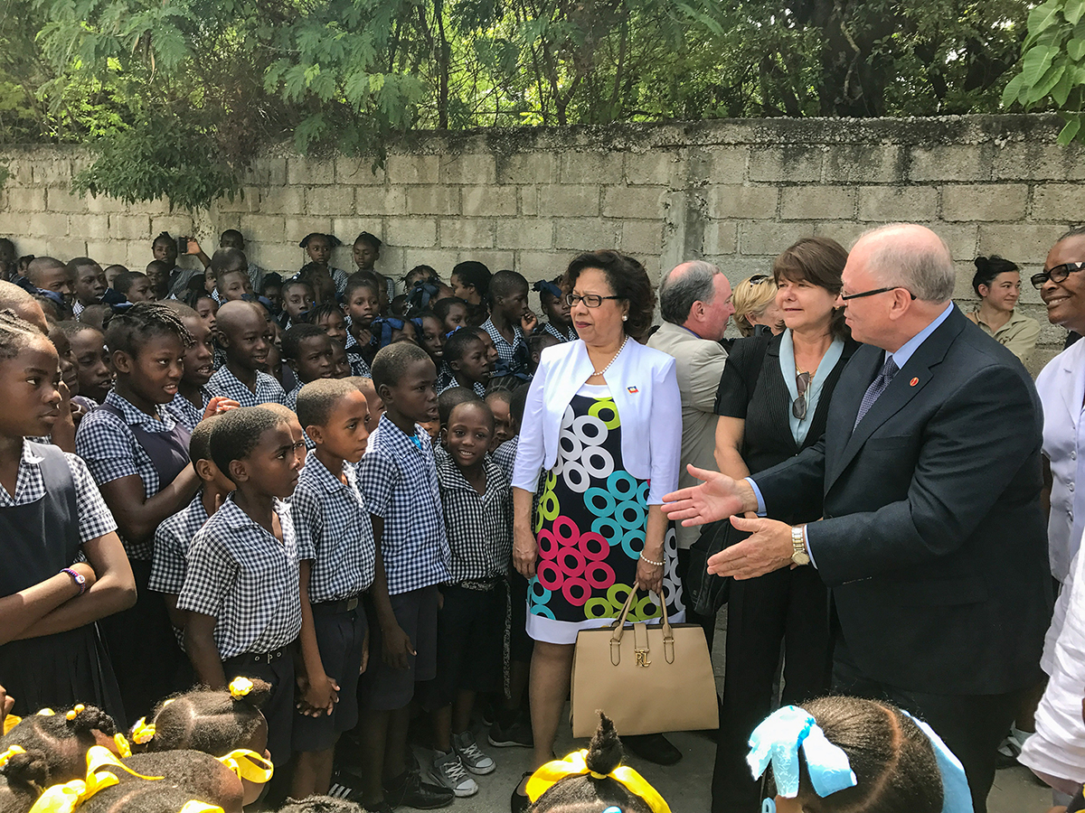 Senator Mégie in her home country of Haiti as part of a parliamentary delegation in May 2017, alongside then-speaker of the Senate, the Hon-ourable George J. Furey, and then-ambassador of Canada to Haiti, Paula Caldwell-St-Onge. (Photo credit: Office of Senator Marie-Françoise Mégie)