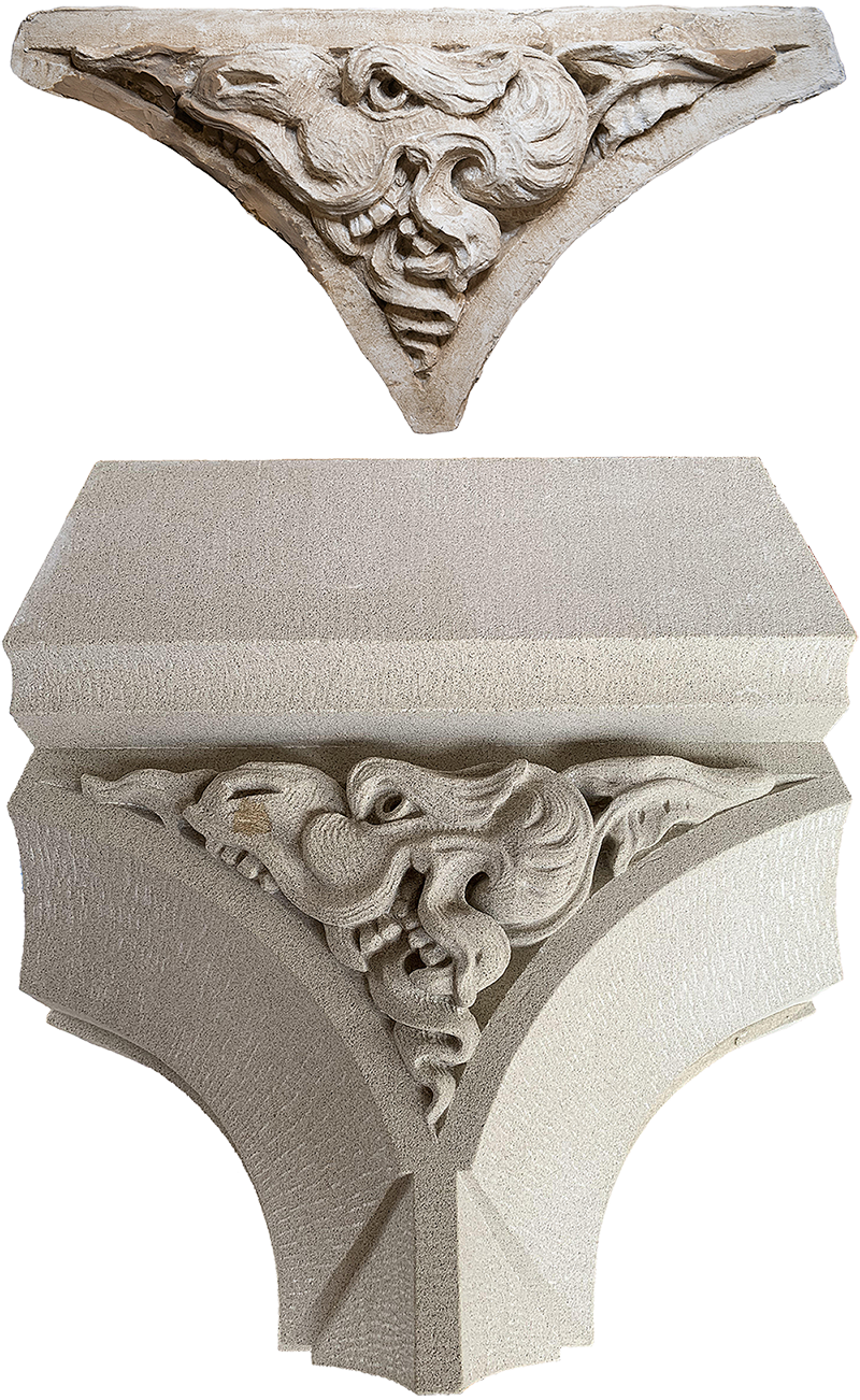 The sculpture went through several stages of restoration, resulting in the plaster maquette, top, and the finished sandstone carving.