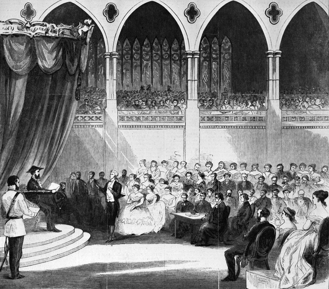 An engraving, published in the November 1867 edition of Harper’s Weekly, depicts Governor General Charles Stanley, Viscount Monck, opening the first session of Parliament of the new Dominion of Canada. (Photo credit: Library and Archives Canada)