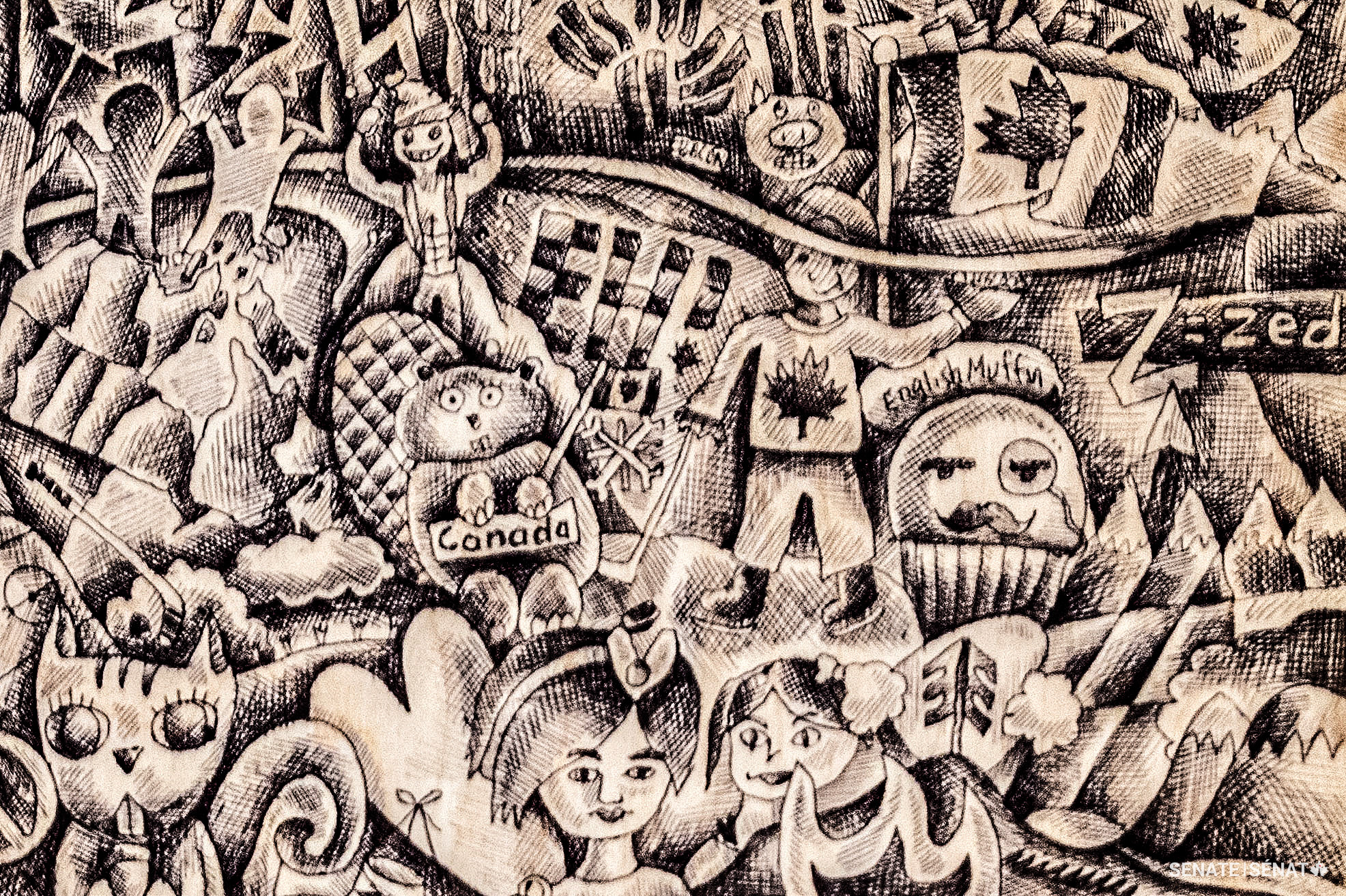 Aquil Virani en collaboration avec Rebecca Jones, détail de L’autoportrait du Canada (2016). 18 panneaux de bouleau et encre. 86,4 cm x 165,1 cm. Provenance du prêt : avec l’autorisation de l’artiste. Des croquis de symboles canadiens sont disséminés dans l’œuvre, notamment le drapeau national du Canada et le castor.