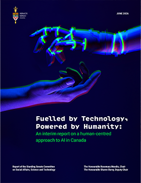 Cover of the Senate interim report Fuelled by Technology, Powered by Humanity, featuring the Senate of Canada emblem and a glowing robotic hand reaching toward an open human hand against a dark blue background, symbolizing a human-centred approach to artificial intelligence.