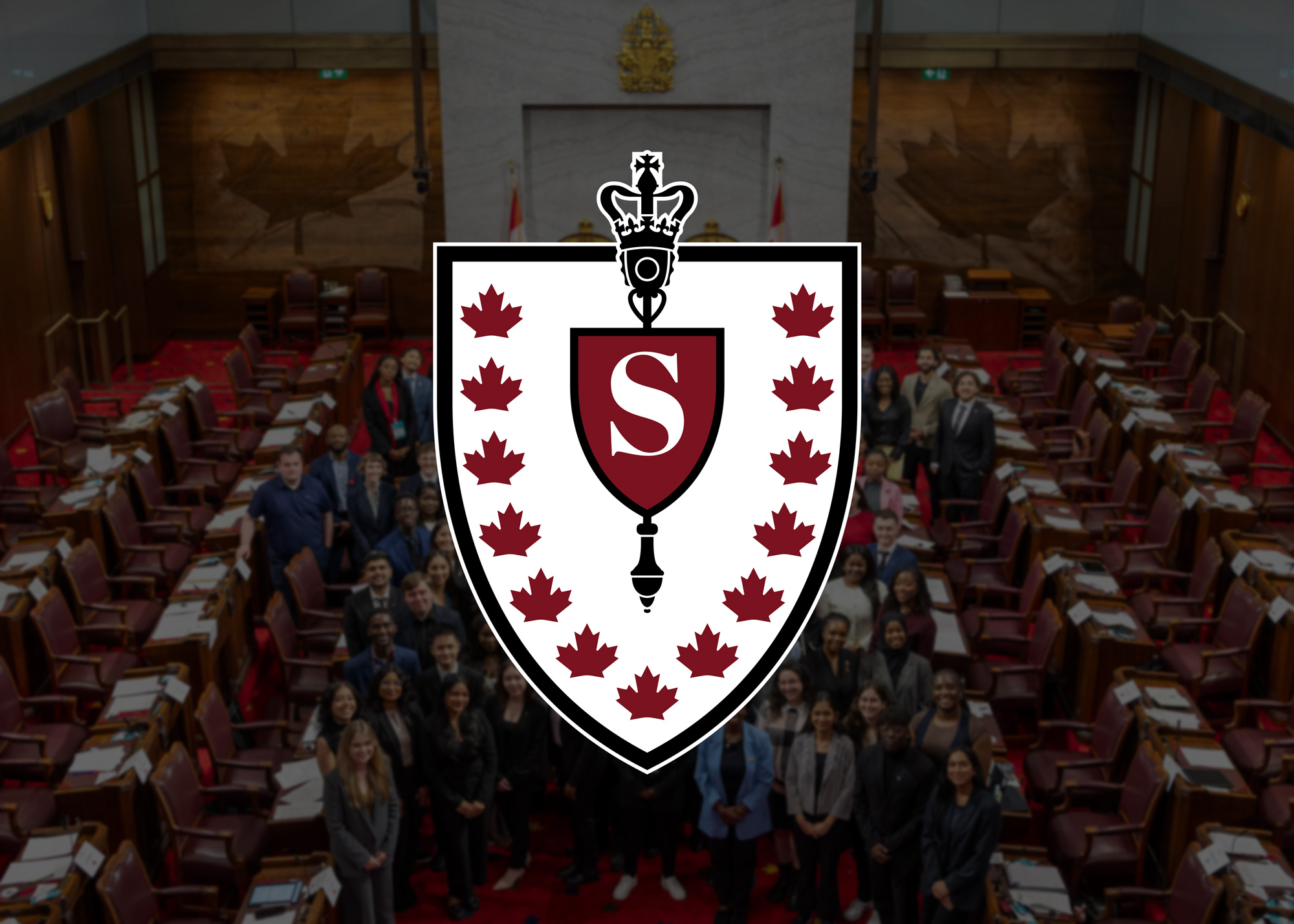 Logo of Model Senate on a Red Chamber background.
