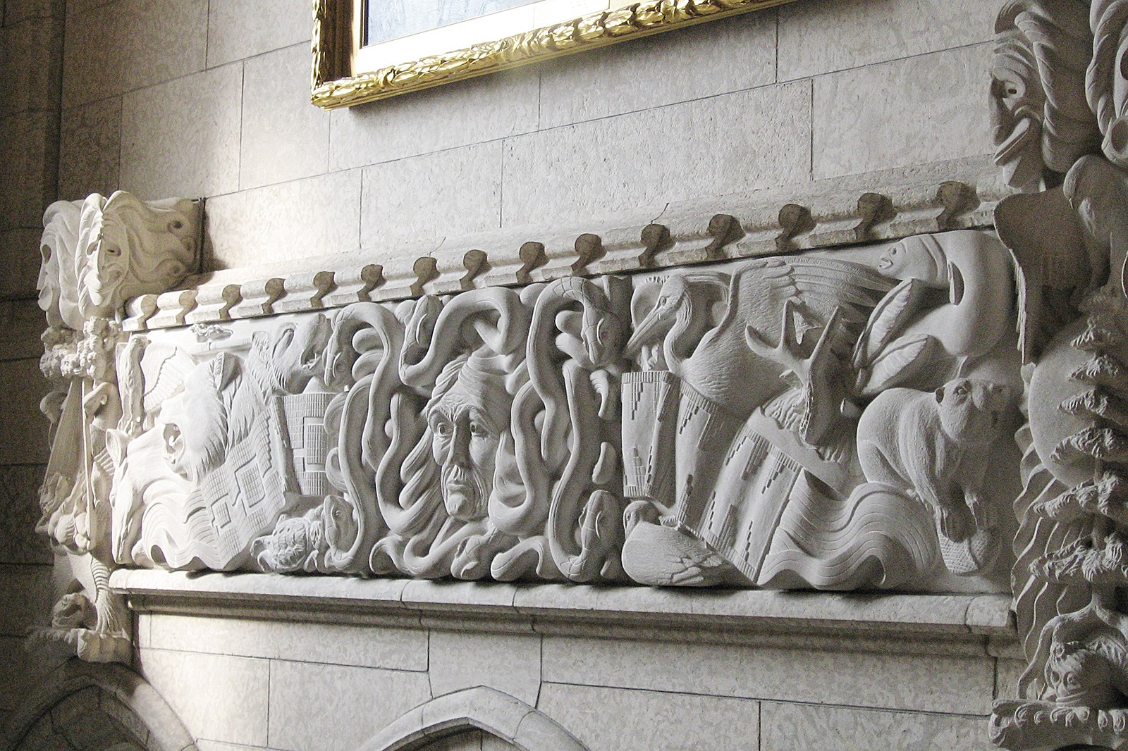 Joe Jacobs’ 1986 work The Creation, in Centre Block’s House of Commons foyer, features the snake-headed Haudenosaunee warlord Tadodaho. (Photo credit: House of Commons)