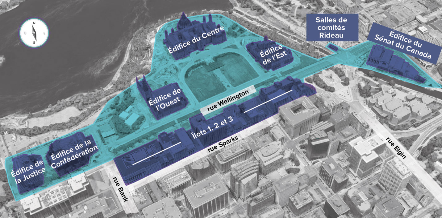 Carte indiquant les limites du campus de la Cité parlementaire. La Cité parlementaire comprend toutes les terres situées au sud de la rivière des Outaouais et au nord de la rue Wellington, entre le canal Rideau et la rue Kent. Cette zone comprend les édifices du Centre, de l’Est et de l’Ouest, ainsi que les édifices de la Justice et de la Confédération.  La Cité parlementaire comprend également toutes les terres situées au nord de la rue Sparks et au sud de la rue Wellington, entre la rue Elgin et la rue Bank. Il s’agit des îlots 1, 2 et 3.  De plus, la Cité parlementaire comprend les salles de comités Rideau situées au 1, rue Wellington et l’édifice du Sénat du Canada situé au 2, rue Rideau.