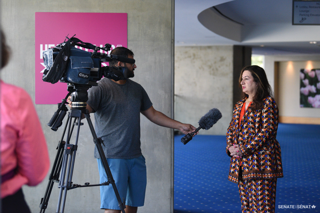 Senator Salma Ataullahjan, chair of the Senate Committee on Human Rights, speaks to a journalist about the committee’s study on Islamophobia in Vancouver on Wednesday, September 7, 2022.