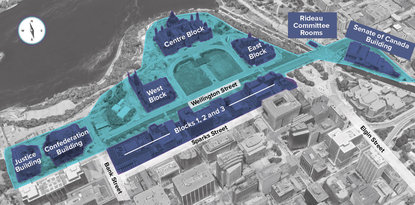 Map indicating the boundary of the Parliamentary Precinct Campus. The precinct is made up of all lands south of the Ottawa River and north of Wellington Street between the Rideau Canal and Kent Street. That area contains the Centre, East and West Blocks as well as the Justice and Confederation buildings.  The precinct also includes all lands north of Sparks Street and south of Wellington Street between Elgin Street and Bank Street. These are known as Blocks 1, 2 and 3.  Additionally, the precinct includes the Rideau Committee Rooms at 1 Wellington Street and the Senate of Canada Building at 2 Rideau Street.