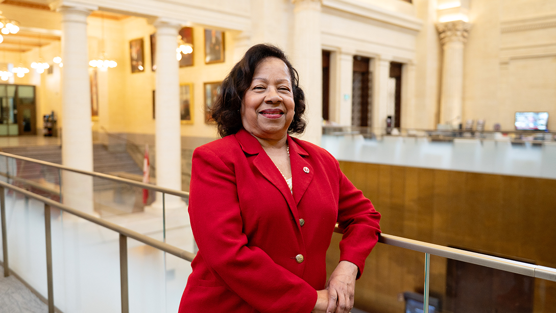 Senator Marie-Françoise Mégie poses in the Senate of Canada Building.