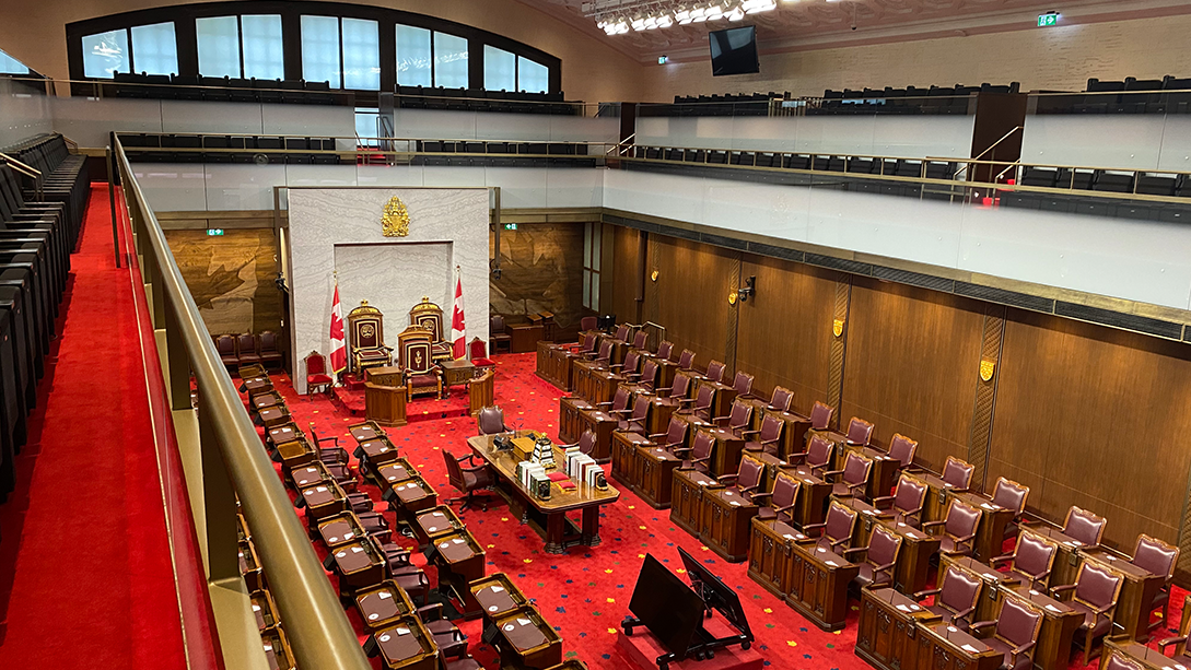The temporary Senate Chamber in the Senate of Canada Building, as seen from the public galleries.
