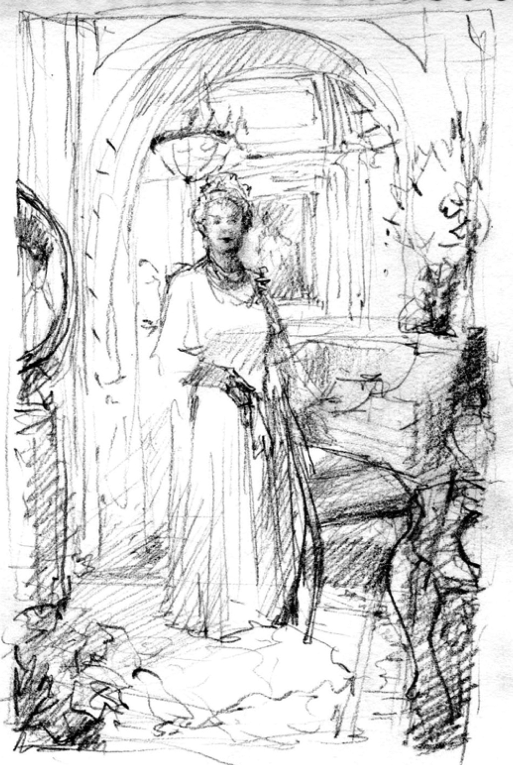 Mr. Richards worked out the Queen’s pose in this early compositional sketch. (Pencil on paper, H: 10 cm x W: 7.6 cm. 2010. Courtesy of Phil Richards)
