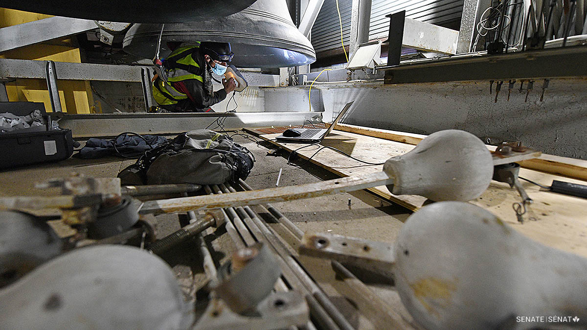 Fifty-two of the 53 bell clappers were removed for cleaning and restoration. The heavier cast-iron ones will be cleaned and refurbished to return them to their original condition. The seventeen smallest clappers will be replaced outright.