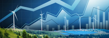Green fields, trees and wind turbines overlaid with a variety of graphs and upward arrow diagrams. 