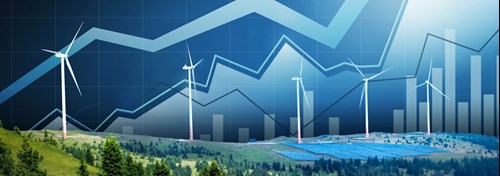 Green fields, trees and wind turbines overlaid with a variety of graphs and upward arrow diagrams. 